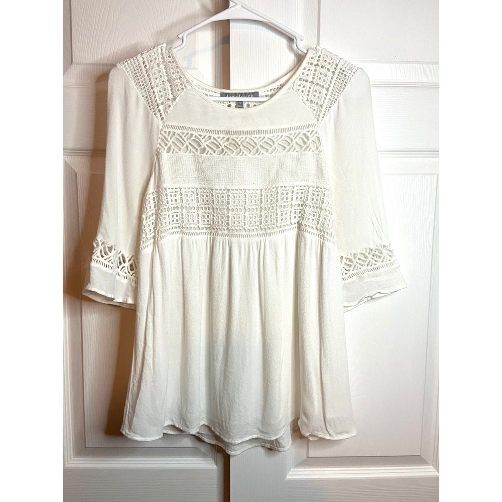 Daniel Rainn White Crochet Lace Blouse Babydoll Boho 3/4 Sleeve